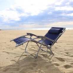Bliss Hammocks GBC-026-NVY Gravity Free Beach Chair W/ Pillow & Canopy | 26-in. Wide | Weather & Rust Resistant | 300 Lb. Capacity (Navy) -Lennox Bliss Store 3Y4A0283