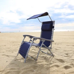 Bliss Hammocks GBC-026-NVY Gravity Free Beach Chair W/ Pillow & Canopy | 26-in. Wide | Weather & Rust Resistant | 300 Lb. Capacity (Navy) -Lennox Bliss Store 3Y4A0286