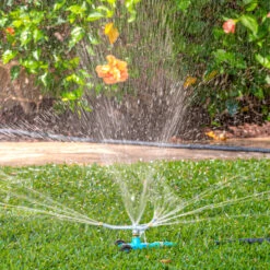 Aqua Joe AJ-TRSWB Indestructible 3-Arm Zinc Rotary 360° Sprinkler | Wheeled Base | 1,390 Sq. Ft. Max Coverage -Lennox Bliss Store AJ TRSWB Lifestyle02