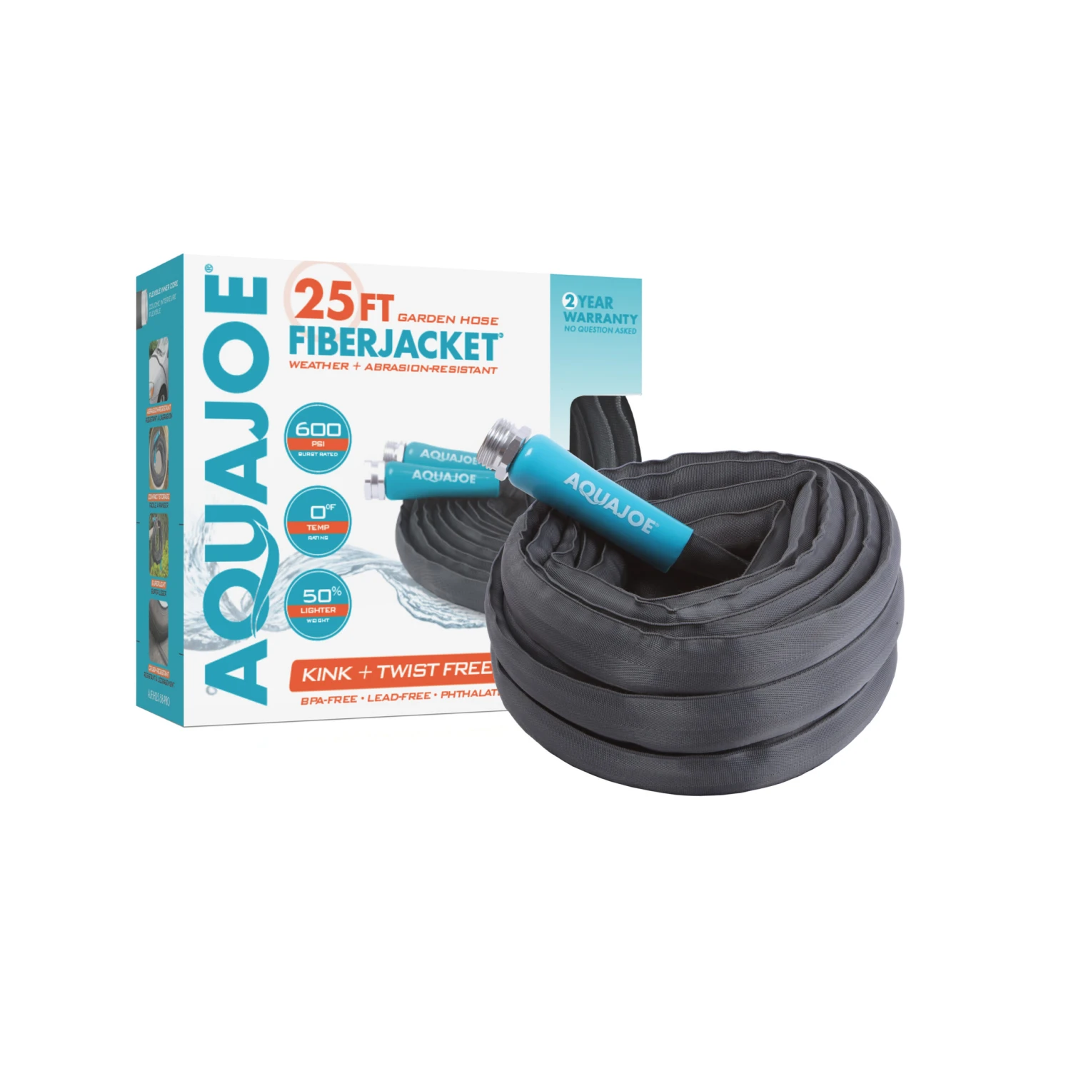 Aqua Joe AJFJH25-58-PRO Ultra Flexible Kink Free Fiberjacket Garden Hose | 25-Foot | Metal Fittings 3 Aqua Joe AJFJH25-58-PRO Ultra Flexible Kink Free Fiberjacket Garden Hose | 25-Foot | Metal Fittings - Image 2