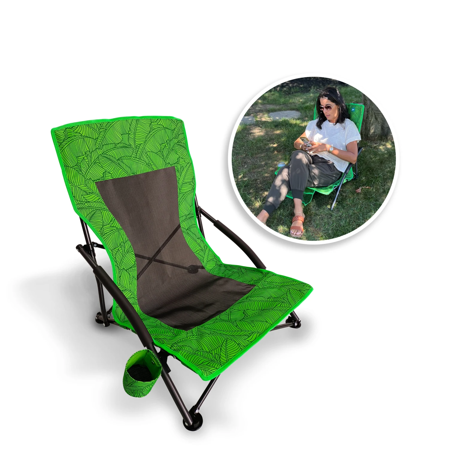 Bliss Hammocks BBC-353-GBL Collapsible Beach Chair W/ Cup Holder | Storage Bag Included | 275 Lb. Capacity (Green Banana Leaves) 3 Bliss Hammocks BBC-353-GBL Collapsible Beach Chair W/ Cup Holder | Storage Bag Included | 275 Lb. Capacity (Green Banana Leaves)