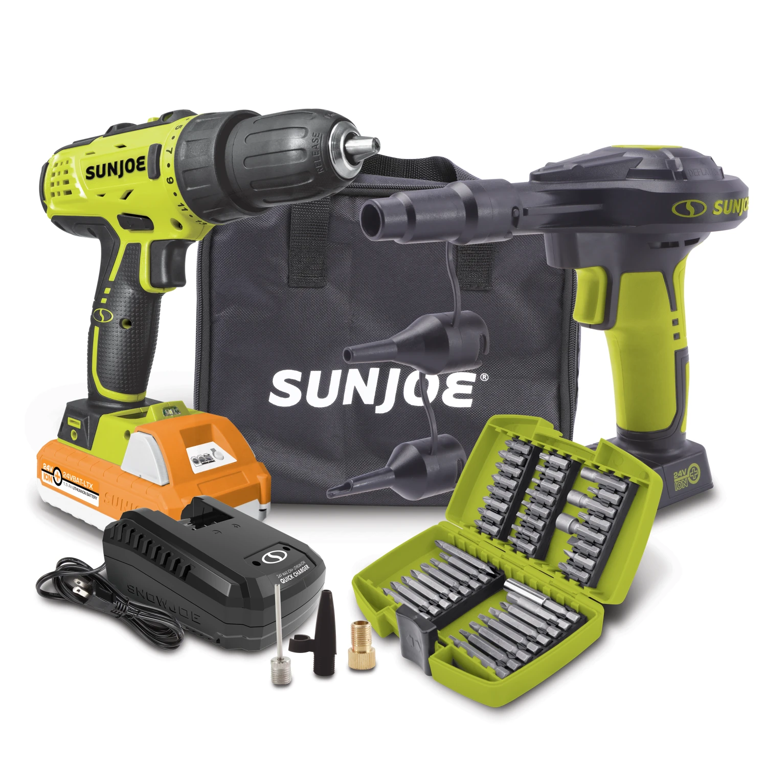 Sun Joe Cordless Drill + High-Volume Inflator Bundle 3 Sun Joe Cordless Drill + High-Volume Inflator Bundle