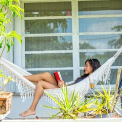 Bliss Hammocks BH-400WFRCA Brazilian Style Hammock In A Bag W/ Fringe & Hanging Hardware | 40-in. Wide | 250 Lb. Capacity 30 Bliss Hammocks BH-400WFRCA Brazilian Style Hammock In A Bag W/ Fringe & Hanging Hardware | 40-in. Wide | 250 Lb. Capacity -Lennox Bliss Store BH 400FR Lifestyle3638 1