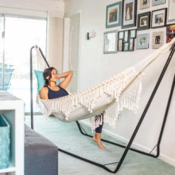 Bliss Hammocks BH-400WFRCA Brazilian Style Hammock In A Bag W/ Fringe & Hanging Hardware | 40-in. Wide | 250 Lb. Capacity 31 Bliss Hammocks BH-400WFRCA Brazilian Style Hammock In A Bag W/ Fringe & Hanging Hardware | 40-in. Wide | 250 Lb. Capacity -Lennox Bliss Store BH 400FR Lifestyle4141 1