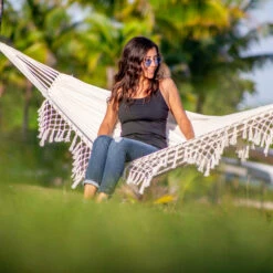 Bliss Hammocks BH-400FR Brazilian Style Hammock In A Bag W/ Fringe & Hanging Hardware | 40-in. Wide | 250 Lb. Capacity -Lennox Bliss Store BH 400FR Lifestyle5006