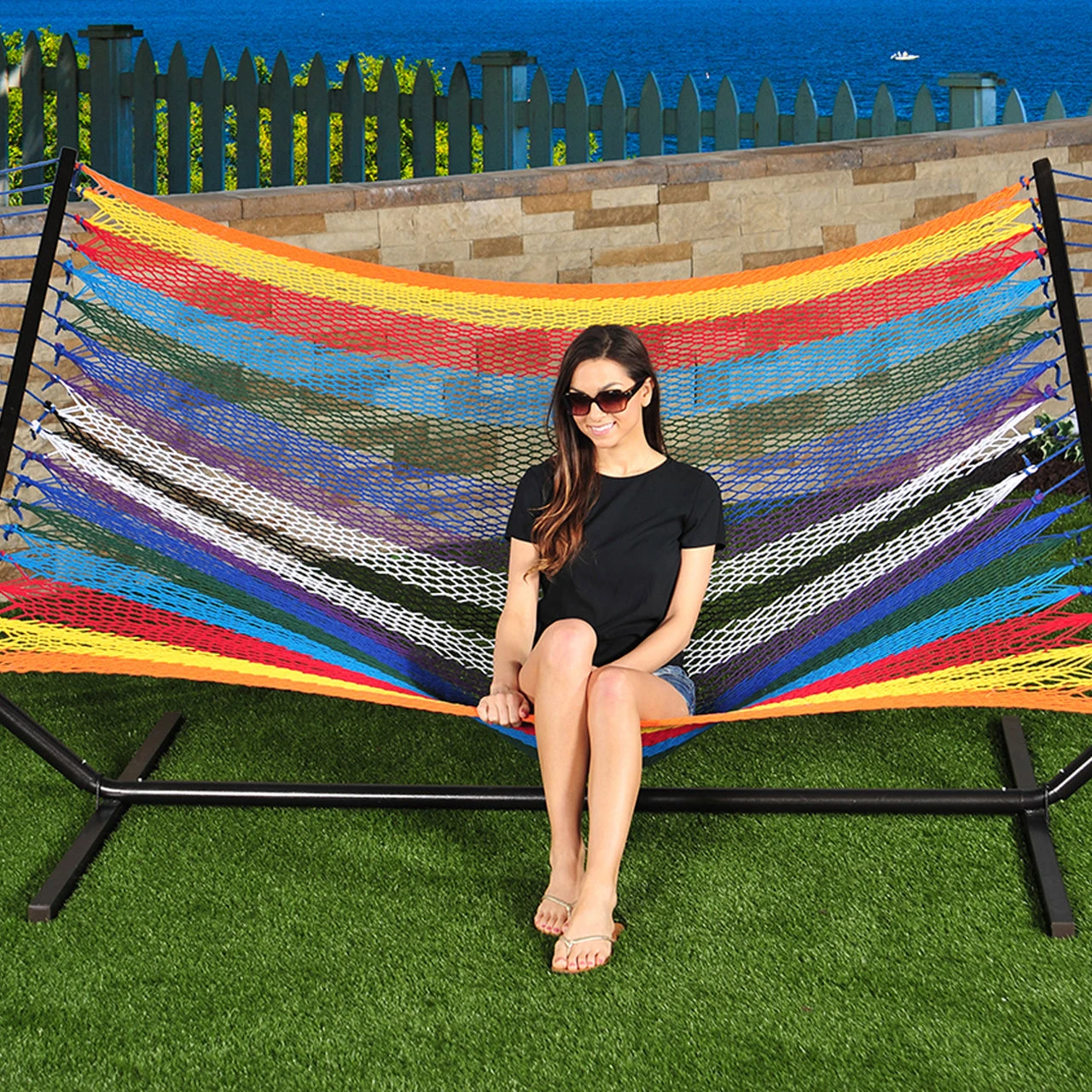 Bliss Hammocks BH-409M Multi-Color Rope Hammock W/ Spreader Bars & Hanging Hardware | 55-in. Wide | 450 Lb. Capacity 7 Bliss Hammocks BH-409M Multi-Color Rope Hammock W/ Spreader Bars & Hanging Hardware | 55-in. Wide | 450 Lb. Capacity - Image 5