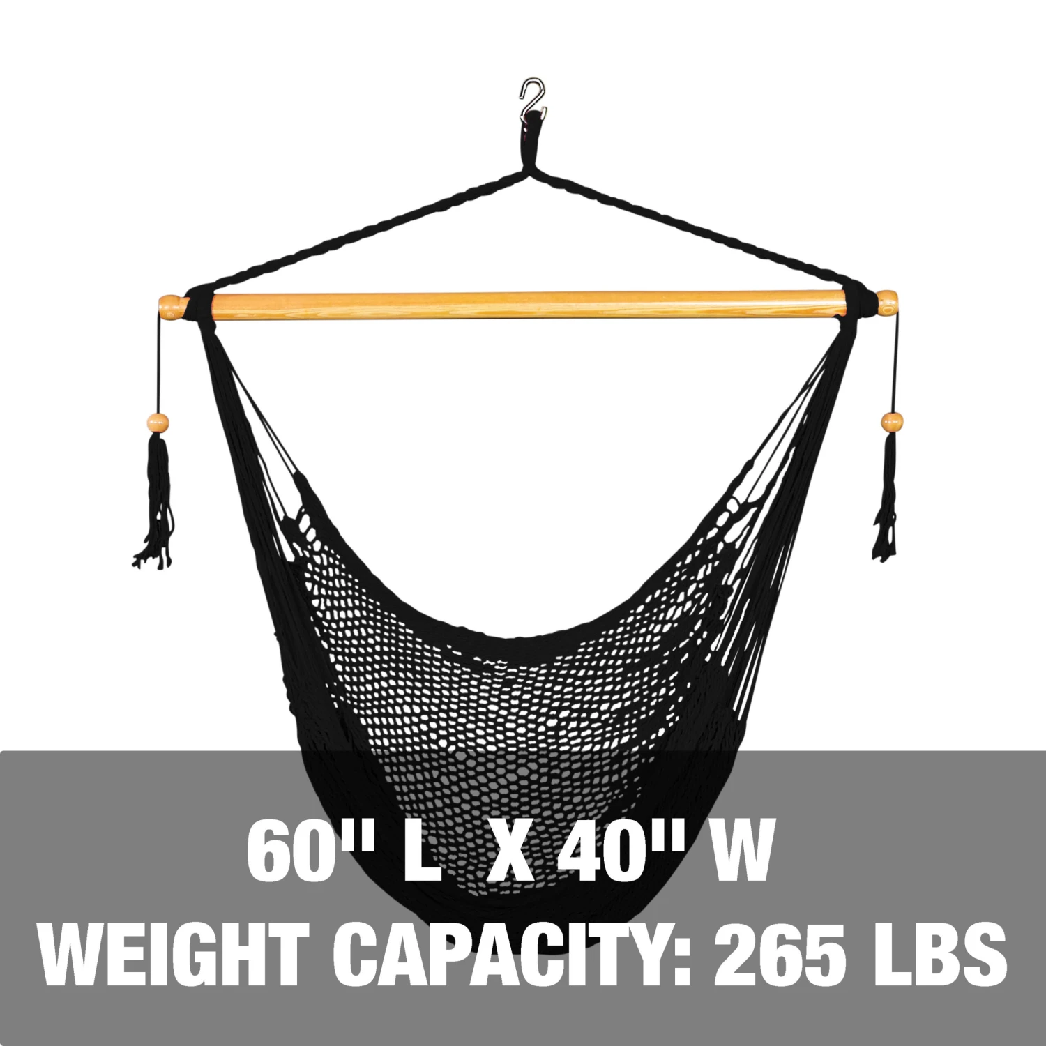 Bliss Hammocks BHC-412BLK Island Rope Hammock Chair W/ Spreader Bar & Hanging Hardware | 40-in. Wide | 265 Lb. Capacity (Black) 5 Bliss Hammocks BHC-412BLK Island Rope Hammock Chair W/ Spreader Bar & Hanging Hardware | 40-in. Wide | 265 Lb. Capacity (Black) - Image 3