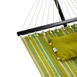 Bliss Hammocks BQO-487 Reversible 2-Person Quilted Hammock W/ Spreader Bars, Pillow & Hanging Hardware | 55-in. Wide | 420 Lb. Capacity (Green Stripes) -Lennox Bliss Store BQO 487 CLOSEUP3
