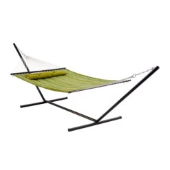 Bliss Hammocks BQO-487 Reversible 2-Person Quilted Hammock W/ Spreader Bars, Pillow & Hanging Hardware | 55-in. Wide | 420 Lb. Capacity (Green Stripes) -Lennox Bliss Store BQO 487 FULLVIEW