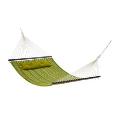 Bliss Hammocks BQO-487 Reversible 2-Person Quilted Hammock W/ Spreader Bars, Pillow & Hanging Hardware | 55-in. Wide | 420 Lb. Capacity (Green Stripes) -Lennox Bliss Store BQO 487 FULLVIEW2
