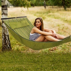 Bliss Hammocks BQO-487 Reversible 2-Person Quilted Hammock W/ Spreader Bars, Pillow & Hanging Hardware | 55-in. Wide | 420 Lb. Capacity (Green Stripes) -Lennox Bliss Store BQO 487 Green Stripe LIFESTYLE SM 01333
