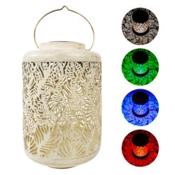 Bliss Outdoors BSL-308-WH Solar LED Lantern W/ Banana Leaf Design & Hand Painted Finish | 12-in. Tall | Waterproof IP44 (White)