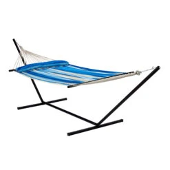 Bliss Hammocks BV-360G Breathable 2-Person Hammock W/ Spreader Bar & Pillow | 55-in. Wide | Weather Resistant | 500 Lb. Capacity (Ocean Blue Stripes) -Lennox Bliss Store BV 360G FULLVIEW