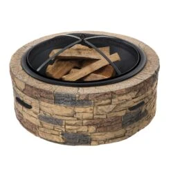 Sun Joe SJFP28-STN-CL 28-Inch Cast Stone Base, Wood Burning 24-Inch Fire Pit W/Dome Screen And Poker, Classic Stone