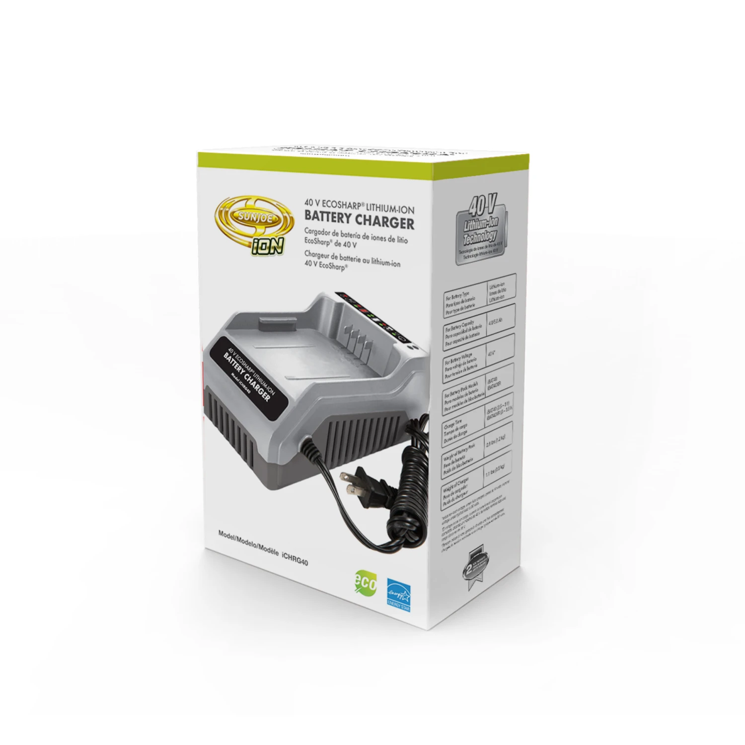 Snow Joe + Sun Joe CERTIFIED AUTHENTIC ICHRG40 EcoSharp® Lithium-Ion Battery Charger | 40 Volt 4 Snow Joe + Sun Joe CERTIFIED AUTHENTIC ICHRG40 EcoSharp® Lithium-Ion Battery Charger | 40 Volt - Image 2