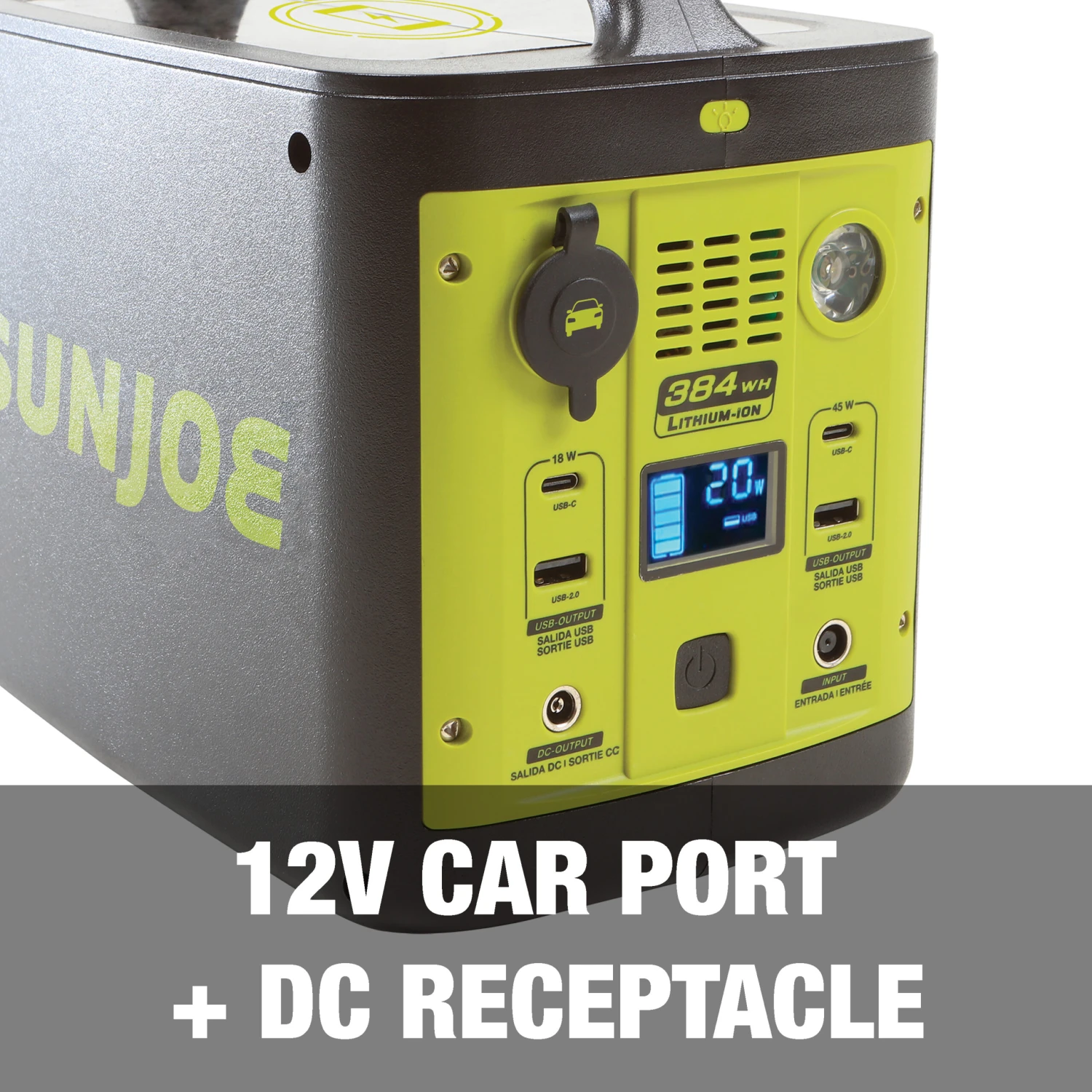 Sun Joe PPG400 384WH 6-Amp Portable Power Generator Station | W/ 1/110v 2.5-Amp Pure Sine AC Outlet, Wireless Charging, 1/5-V USB Type A, 2/5-V USB Type C, 1/10-Amp 12-V DC, LED Light, LCD Display 9 Sun Joe PPG400 384WH 6-Amp Portable Power Generator Station | W/ 1/110v 2.5-Amp Pure Sine AC Outlet, Wireless Charging, 1/5-V USB Type A, 2/5-V USB Type C, 1/10-Amp 12-V DC, LED Light, LCD Display - Image 7
